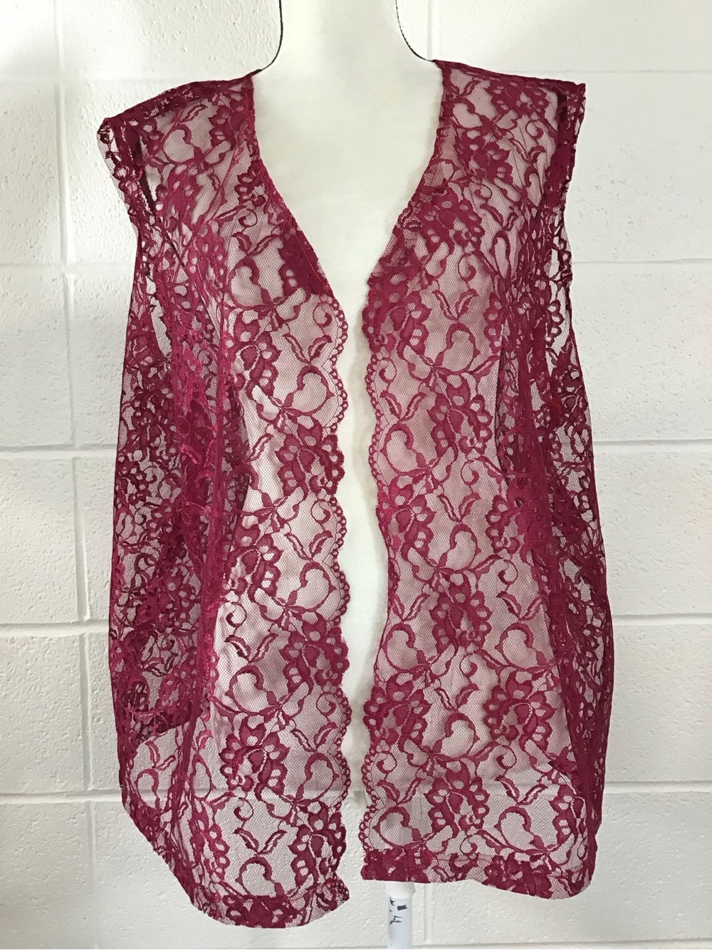 Burgundy Wine Floral Lace Open-Front Vest Layering Piece XXL Cottagecore Fairy